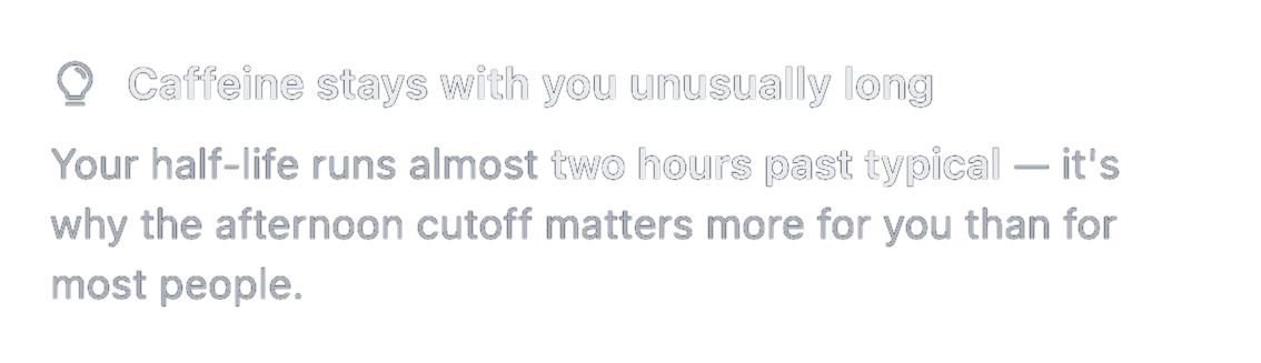 A NUVARD finding card: caffeine stays with you unusually long: your half-life runs almost two hours past typical, which is why the afternoon cutoff matters more for you than for most people.